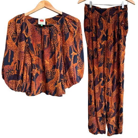 Farm Rio Jungle Giraffe Print Matching Set | Blouse + Pants Size M - Picture 1 of 12